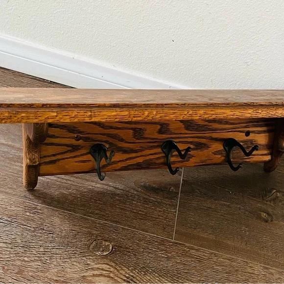 Rustic Brown Wall Shelf with Hooks